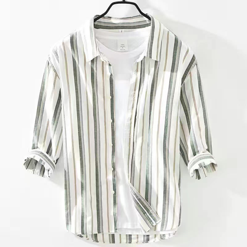 Buddha Stones Fall Stripe Decorative Pocket Buttons Down Long Sleeve Three Quarter Sleeve Short Sleeve Men's Cotton Shirt - Three-Quarter Sleeve Green - US/UK/AU42，EU52 (3XL) - image 22