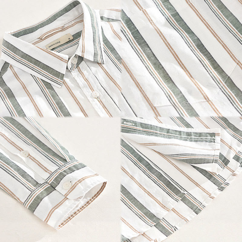 Buddha Stones Fall Stripe Decorative Pocket Buttons Down Long Sleeve Three Quarter Sleeve Short Sleeve Men's Cotton Shirt - image 17