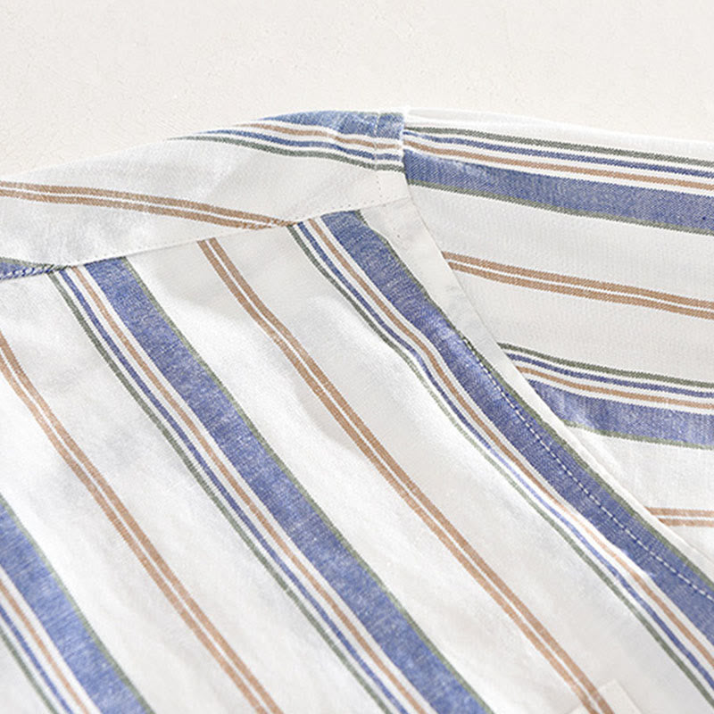 Buddha Stones Fall Stripe Decorative Pocket Buttons Down Long Sleeve Three Quarter Sleeve Short Sleeve Men's Cotton Shirt - image 5