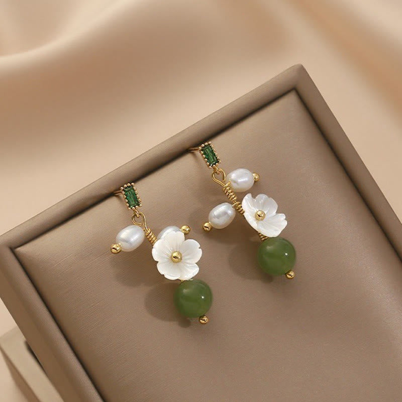 Buddha Stones Hetian Jade Pearl Bead Flower Prosperity Abundance Earrings - image 3