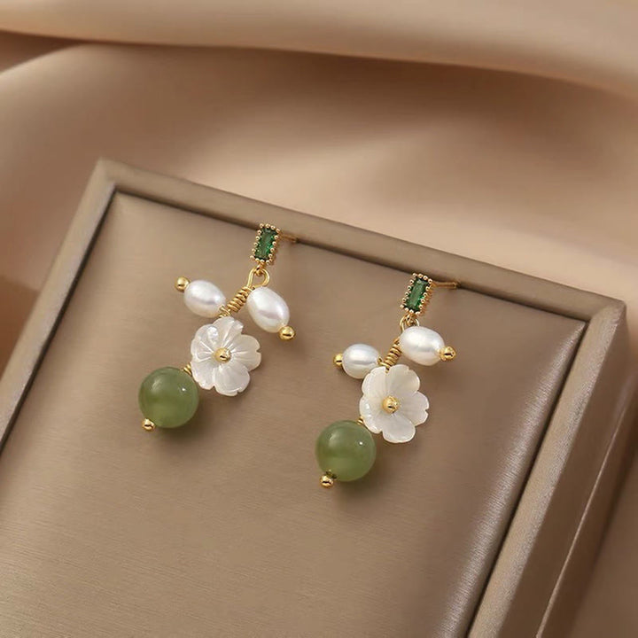 Buddha Stones Hetian Jade Pearl Bead Flower Prosperity Abundance Earrings - Jade(Size: 5*1.8 cm) - image 0