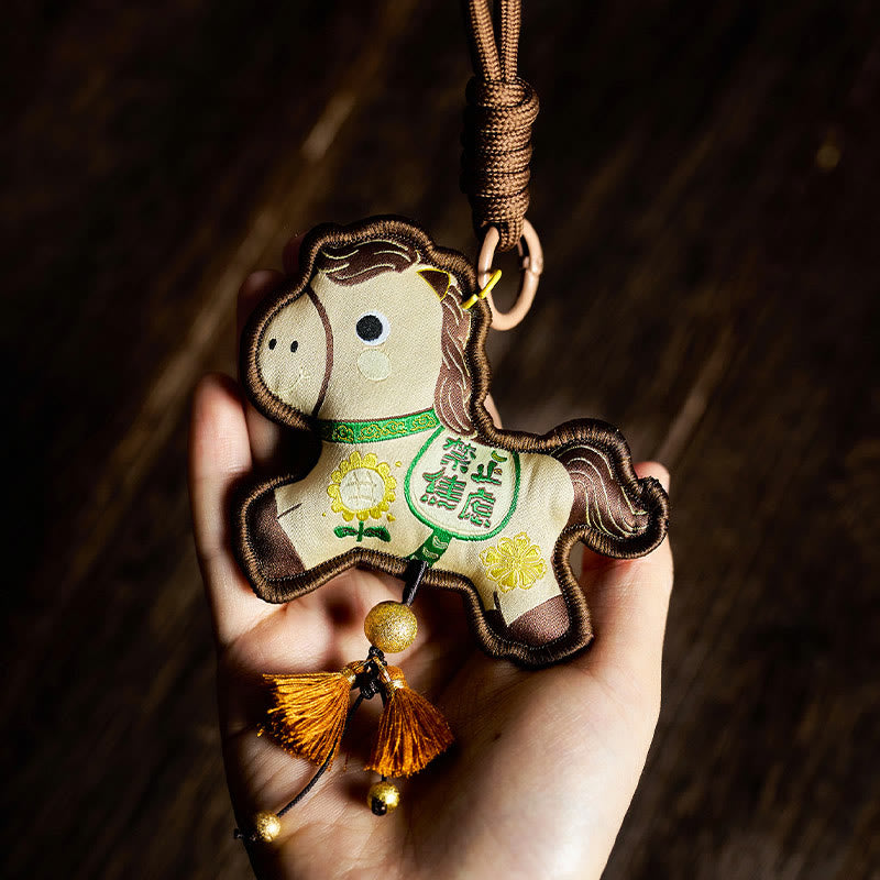 Buddha Stones Year Of The Horse Various Color Embroidery Tassel Prosperity Key Chain - Beige Horse(Size: 9*8cm) - image 4