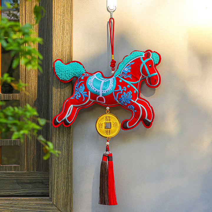 Buddha Stones Year Of The Horse Embroidery Copper Coins Bell Charm Tassel Wealth Success Hanging Decoration - Red Horse&Copper Coins(26*45cm) - image 4