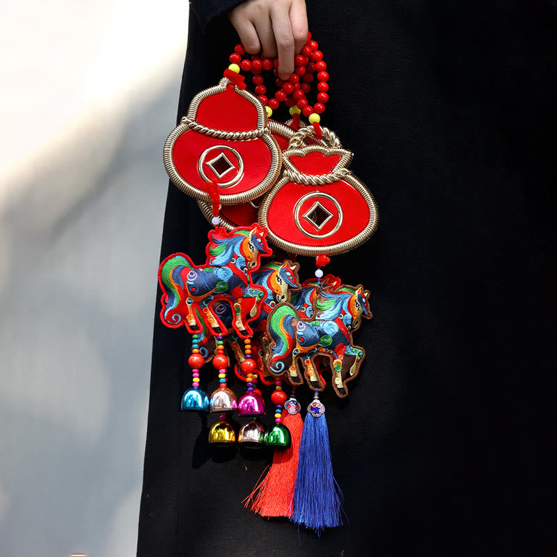 Buddha Stones Year Of The Horse Embroidery Money Bag Gourd Copper Coins Bell Charm Success Hanging Decoration - image 18