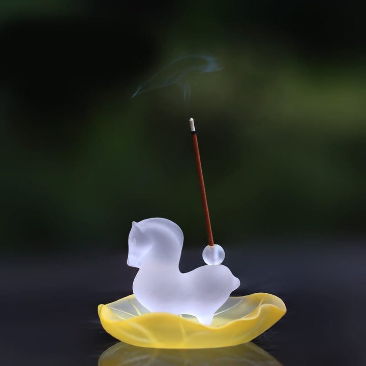 Buddha Stones Year of the Horse Lotus Pod Lotus Leaf Liuli Crystal Art Piece Home Office Energy Decoration - Horse With Incense Hole&Yellow Lotus Leaf Pad - image 3