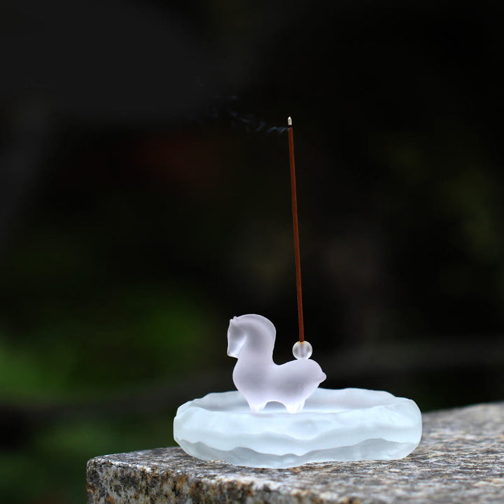 Buddha Stones Year of the Horse Lotus Pod Lotus Leaf Liuli Crystal Art Piece Home Office Energy Decoration - Horse With Incense Hole&Wavy Edge Pad - image 9