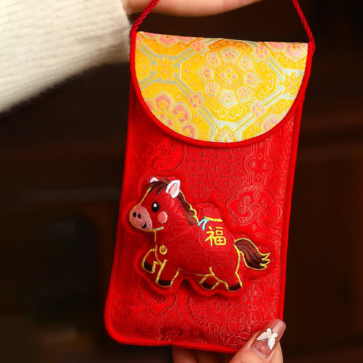 Buddha Stones Year Of The Horse 2026 New Year Fu Character Lucky Embroidery Chinese Red Envelope - Yellow Top Fu Character Horse(10.5*18.5cm) - image 1