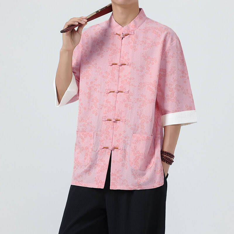 Buddha Stones Summer Peach Blossoms Pattern Chinese Frog-Button Cotton Linen Short Sleeve Men's Shirt - Pink - US/UK/AU46，EU56 (5XL) - image 12