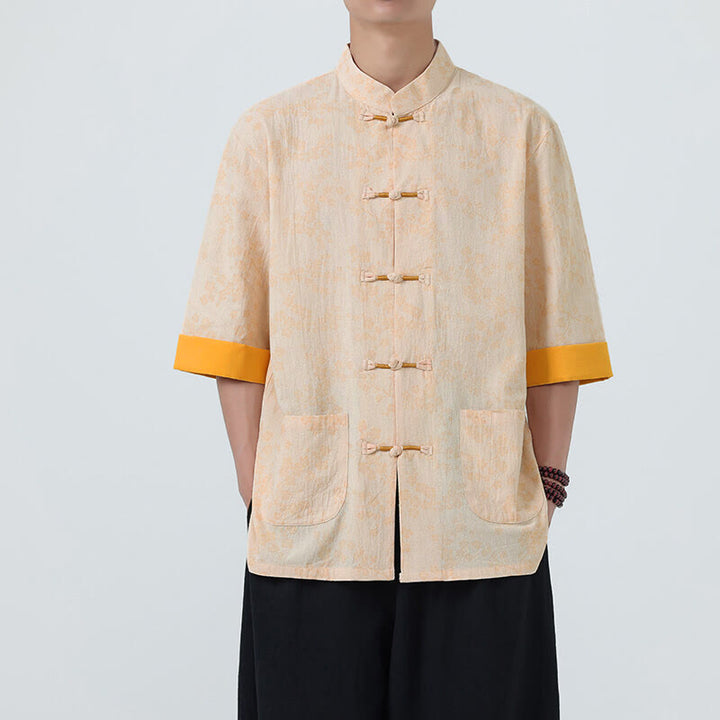 Buddha Stones Summer Peach Blossoms Pattern Chinese Frog-Button Cotton Linen Short Sleeve Men's Shirt - Bisque - US/UK/AU46，EU56 (5XL) - image 9