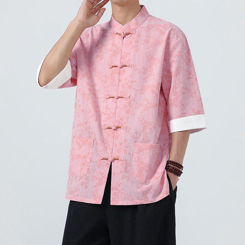 Buddha Stones Summer Peach Blossoms Pattern Chinese Frog-Button Cotton Linen Short Sleeve Men's Shirt - image 14