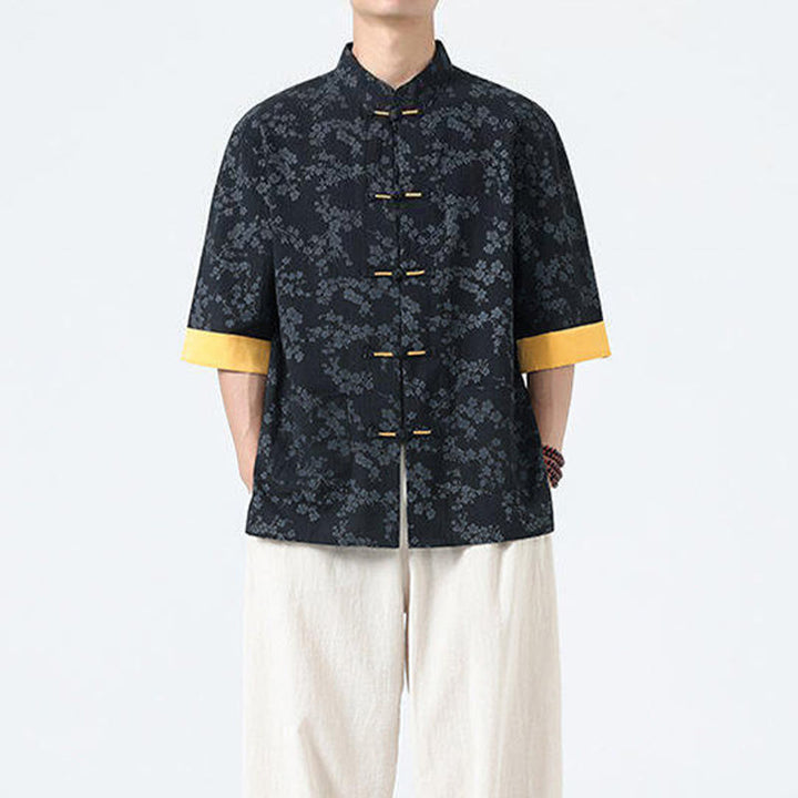 Buddha Stones Summer Peach Blossoms Pattern Chinese Frog-Button Cotton Linen Short Sleeve Men's Shirt - image 4