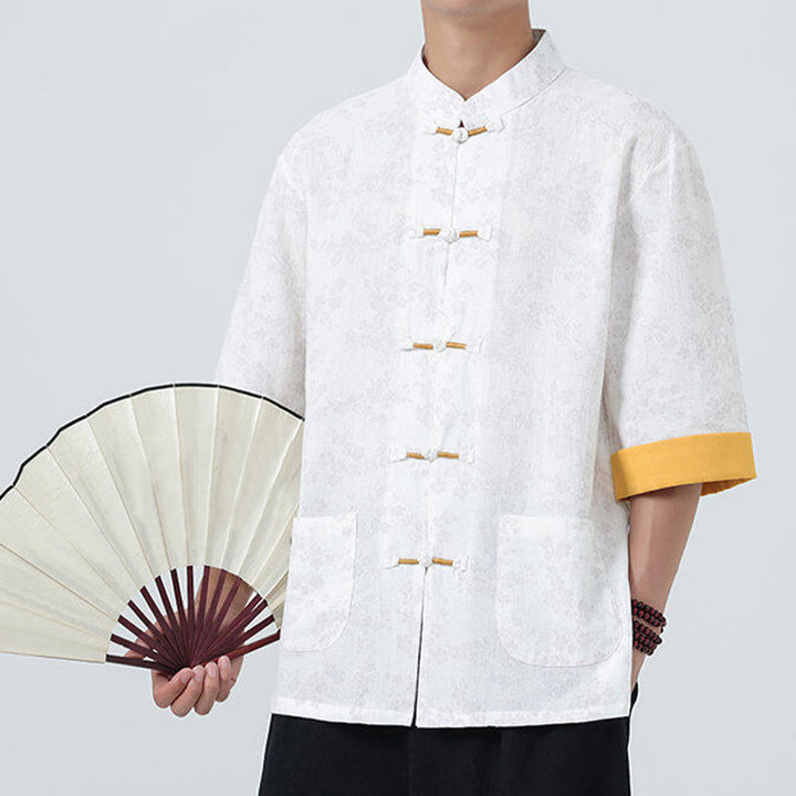 Buddha Stones Summer Peach Blossoms Pattern Chinese Frog-Button Cotton Linen Short Sleeve Men's Shirt - image 17