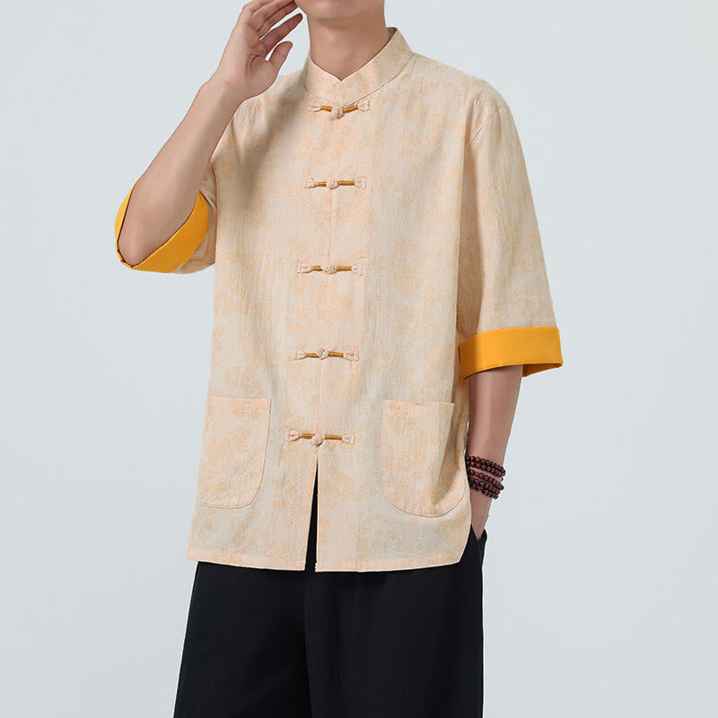 Buddha Stones Summer Peach Blossoms Pattern Chinese Frog-Button Cotton Linen Short Sleeve Men's Shirt - image 11