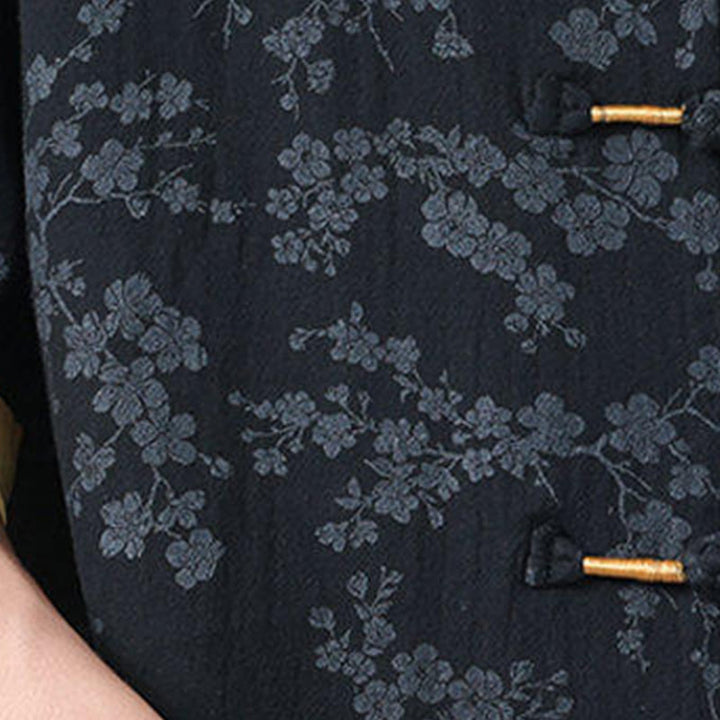 Buddha Stones Summer Peach Blossoms Pattern Chinese Frog-Button Cotton Linen Short Sleeve Men's Shirt - image 6