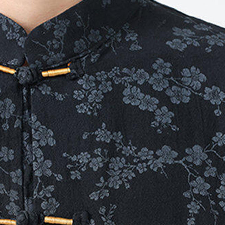Buddha Stones Summer Peach Blossoms Pattern Chinese Frog-Button Cotton Linen Short Sleeve Men's Shirt - image 5