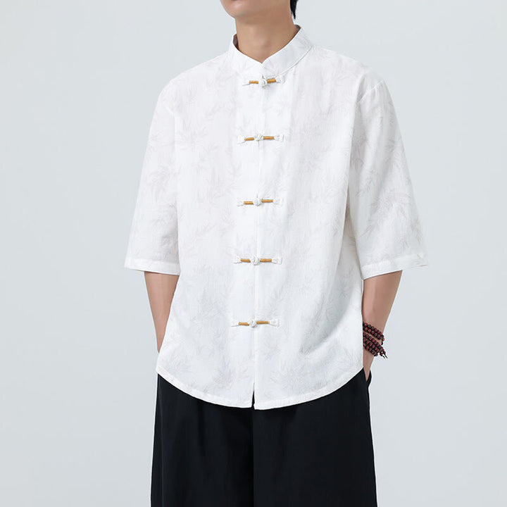 Buddha Stones Summer Bamboo Leaves Pattern Chinese Frog-Button Cotton Linen Short Sleeve Men's Shirt - White - US/UK/AU46，EU56 (5XL) - image 15