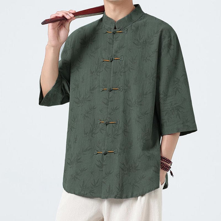 Buddha Stones Summer Bamboo Leaves Pattern Chinese Frog-Button Cotton Linen Short Sleeve Men's Shirt - image 10