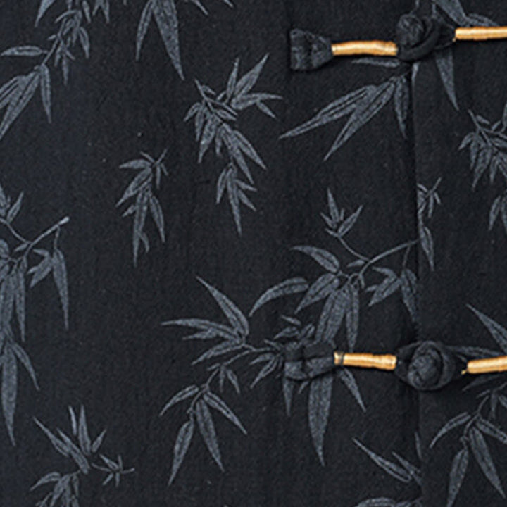 Buddha Stones Summer Bamboo Leaves Pattern Chinese Frog-Button Cotton Linen Short Sleeve Men's Shirt - image 3