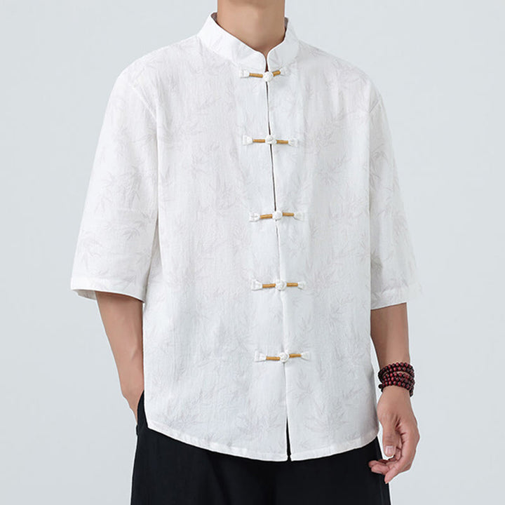 Buddha Stones Summer Bamboo Leaves Pattern Chinese Frog-Button Cotton Linen Short Sleeve Men's Shirt - image 16