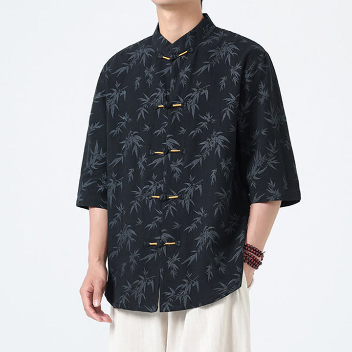 Buddha Stones Summer Bamboo Leaves Pattern Chinese Frog-Button Cotton Linen Short Sleeve Men's Shirt - image 2