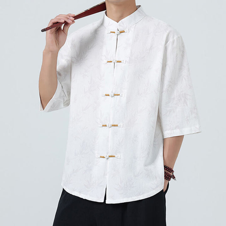 Buddha Stones Summer Bamboo Leaves Pattern Chinese Frog-Button Cotton Linen Short Sleeve Men's Shirt - image 17