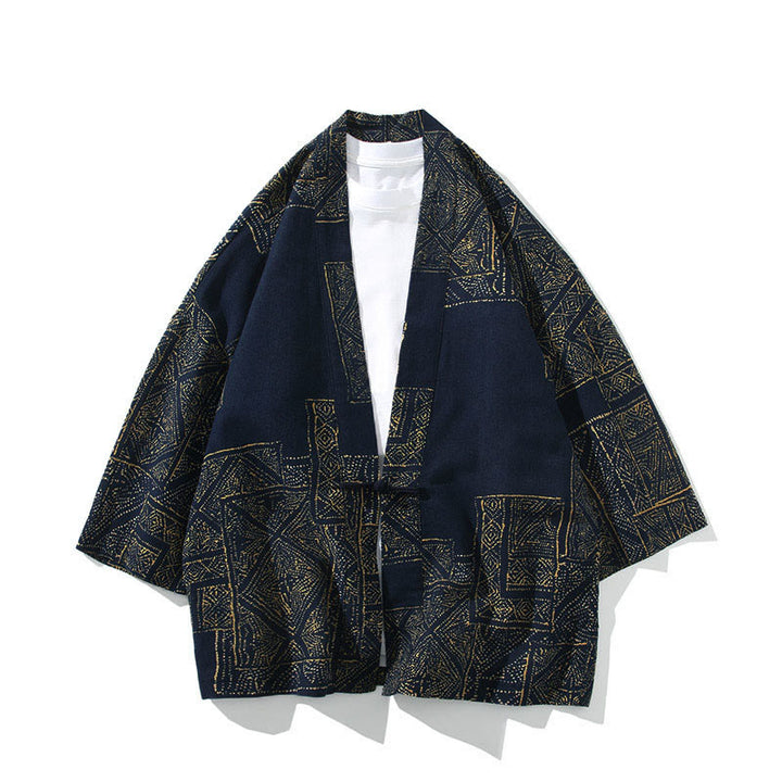 Buddha Stones Geometry Floral Stripes Butterfly Ink Open Front Half Sleeve Jacket Men's Kimono - Square Blue - US/UK/AU46，EU56 (5XL) - image 0
