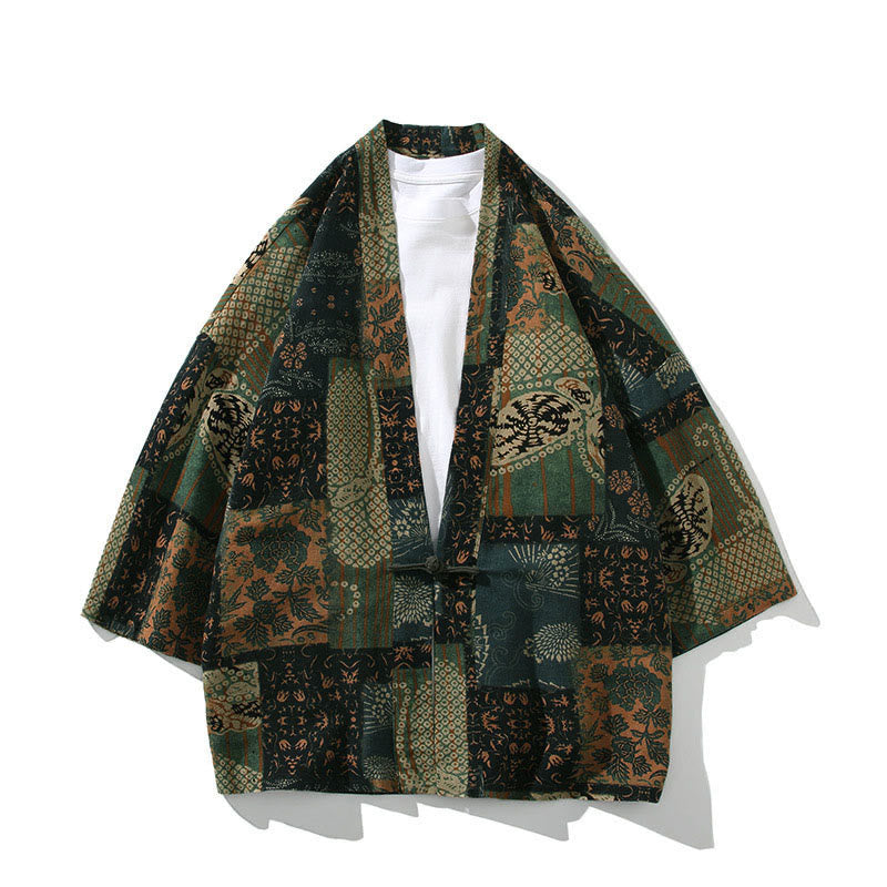 Buddha Stones Geometry Floral Stripes Butterfly Ink Open Front Half Sleeve Jacket Cotton Men's Kimono - Floral Green - US/UK/AU46，EU56 (5XL) - image 11