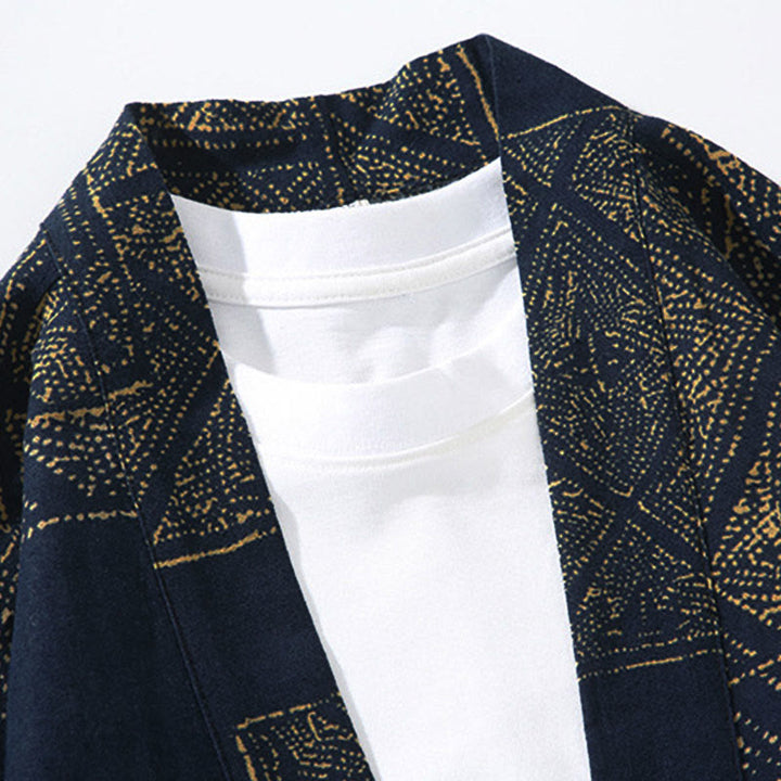 Buddha Stones Geometry Floral Stripes Butterfly Ink Open Front Half Sleeve Jacket Cotton Men's Kimono - image 3