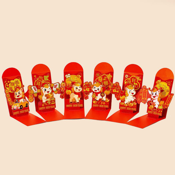 Buddha Stones Year Of The Horse 2026 New Year Fu Character Standable 6pcs Chinese Red Envelope - 6Pcs Happiness Get Rich Lucky Fu Character Success Happy Set(17*9 cm) - image 0