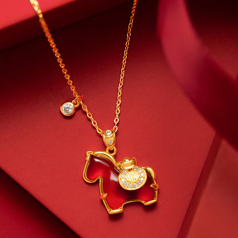 Buddha Stones Year Of The Horse Red Agate Fu Character Confidence Necklace Pendants - Red Agate Horse - image 0