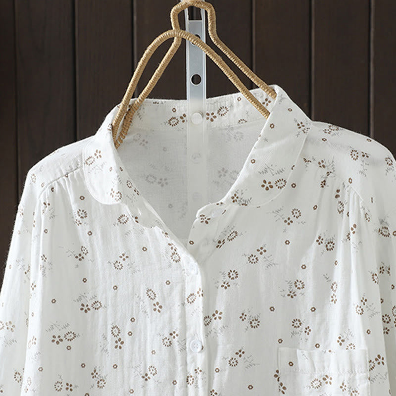 Buddha Stones Fall Small Floral Pattern Buttons Down Design Long Sleeve Women's Cotton Shirt - image 12