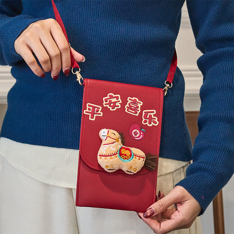 Buddha Stones Year Of The Horse 2026 New Year Fu Character Peace Joy Crossbody Red Envelope Bag - image 6