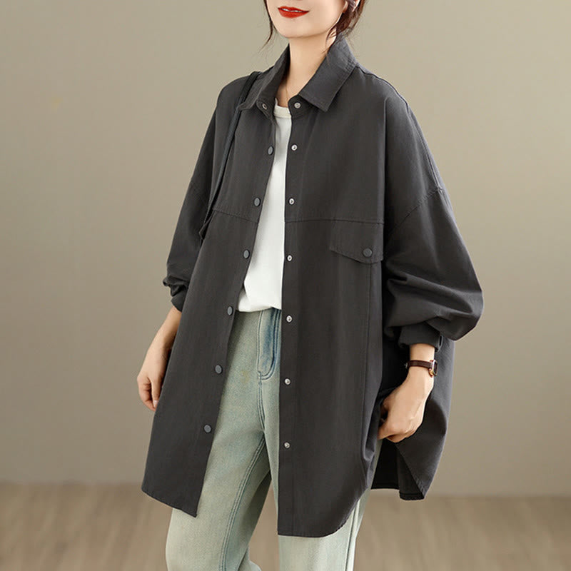 Buddha Stones Fall Pure Color Lapel Button Simple Design Women's Cotton Long Sleeve Jacket - image 1