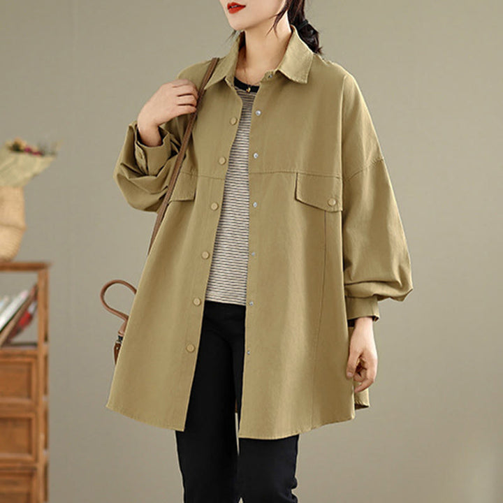 Buddha Stones Fall Pure Color Lapel Button Simple Design Women's Cotton Long Sleeve Jacket - image 12