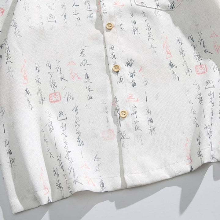Buddha Stones Calligraphy Print Pattern Metal Bar Frog Closure Design Short Sleeve Men's Shirt With Pocket - image 8
