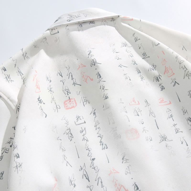 Buddha Stones Calligraphy Print Pattern Metal Bar Frog Closure Design Short Sleeve Men's Shirt With Pocket - image 5