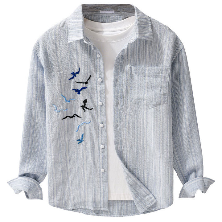 Buddha Stones Embroidery Bird Striped Pattern Long Sleeve Men's Cotton Shirt With Pocket - image 13