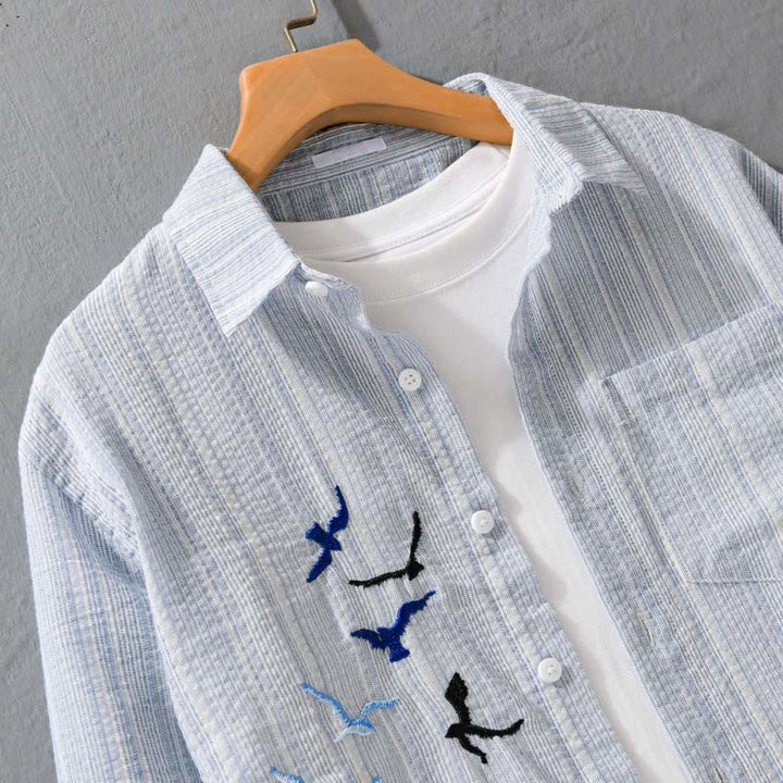 Buddha Stones Embroidery Bird Striped Pattern Long Sleeve Men's Cotton Shirt With Pocket - image 2