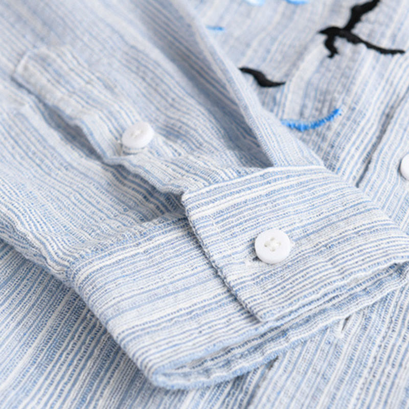 Buddha Stones Embroidery Bird Striped Pattern Long Sleeve Men's Cotton Shirt With Pocket - image 9