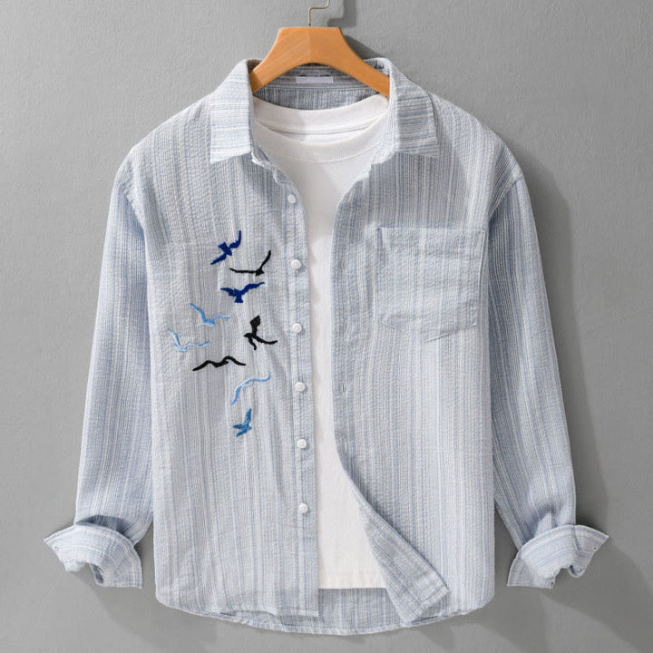 Buddha Stones Embroidery Bird Striped Pattern Long Sleeve Men's Cotton Shirt With Pocket - LightBlue - US/UK/AU42，EU52 (3XL) - image 0