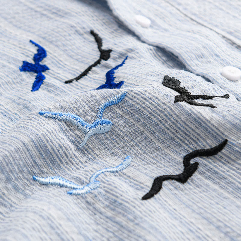 Buddha Stones Embroidery Bird Striped Pattern Long Sleeve Men's Cotton Shirt With Pocket - image 8