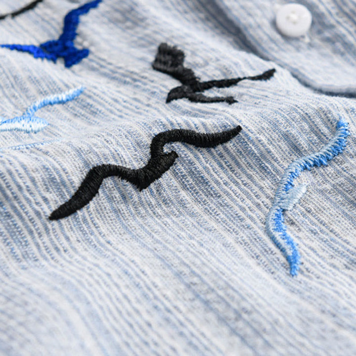 Buddha Stones Embroidery Bird Striped Pattern Long Sleeve Men's Cotton Shirt With Pocket - image 7