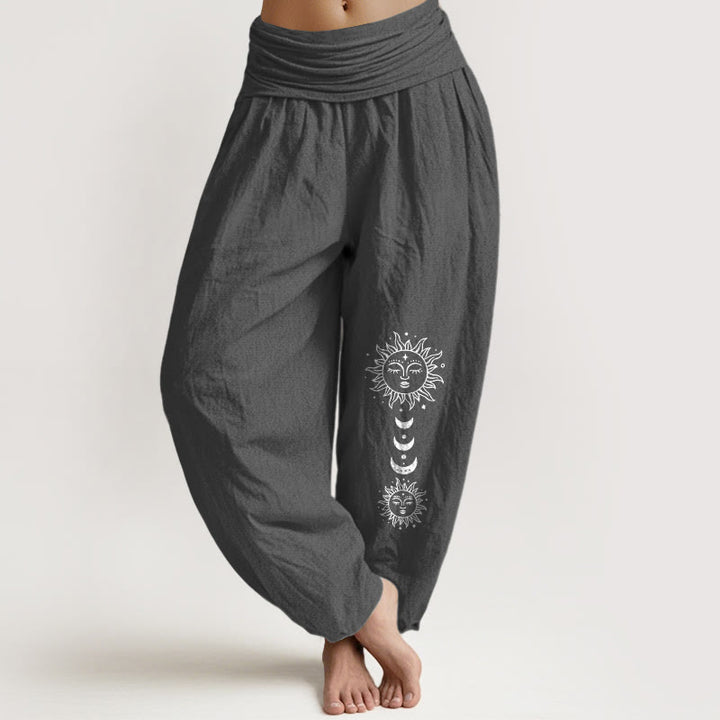 Buddha Stones Bohemian Sun Moon Pattern Women's Elastic Waist Harem Pure Cotton Pants - DimGray - US16，UK/AU20，EU48 (3XL) - image 0