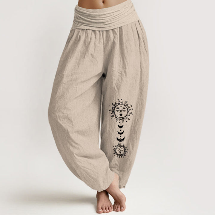 Buddha Stones Bohemian Sun Moon Pattern Women's Elastic Waist Harem Pure Cotton Pants - Tan - US16，UK/AU20，EU48 (3XL) - image 11