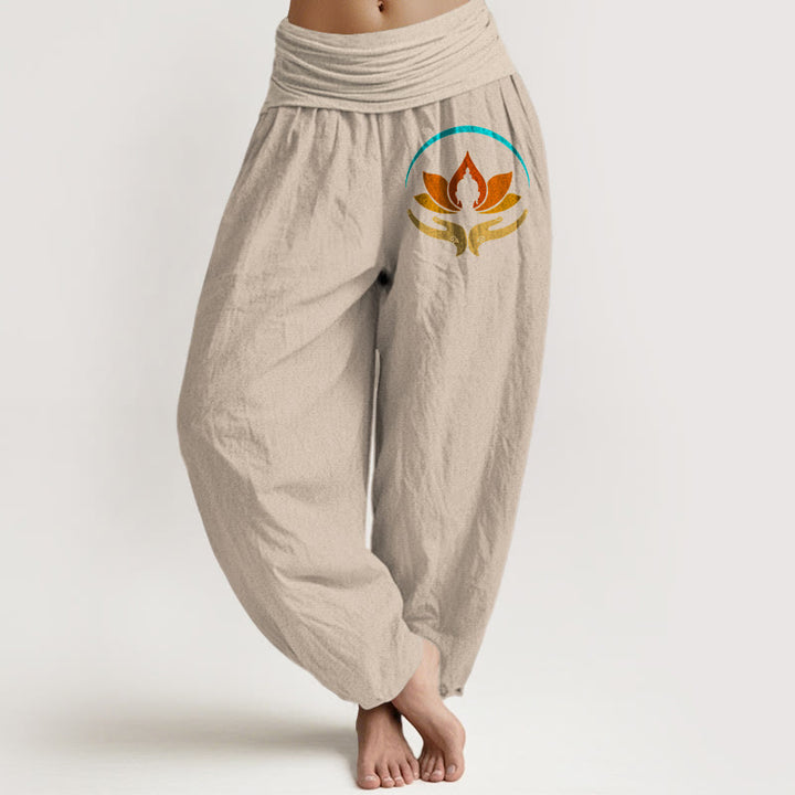 Buddha Stones Lotus Buddha Symbol Pattern Elastic Waist Women's Harem Pure Cotton Pants - Tan - US16，UK/AU20，EU48 (3XL) - image 11