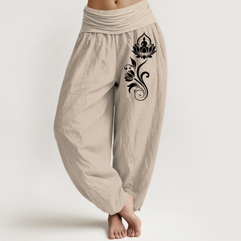 Buddha Stones Sitting Buddha Lotus Floral Pattern Elastic Waist Women's Harem Pure Cotton Pants - Tan - US16，UK/AU20，EU48 (3XL) - image 11