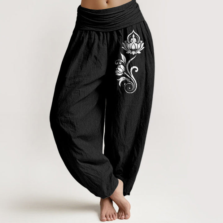 Buddha Stones Sitting Buddha Lotus Floral Pattern Elastic Waist Women's Harem Pure Cotton Pants - Black - US16，UK/AU20，EU48 (3XL) - image 5