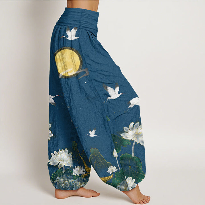 Buddha Stones Pure Cotton Crane Blooming Lotus Moon Mountain Women's Elastic Waist Harem Pants - image 10