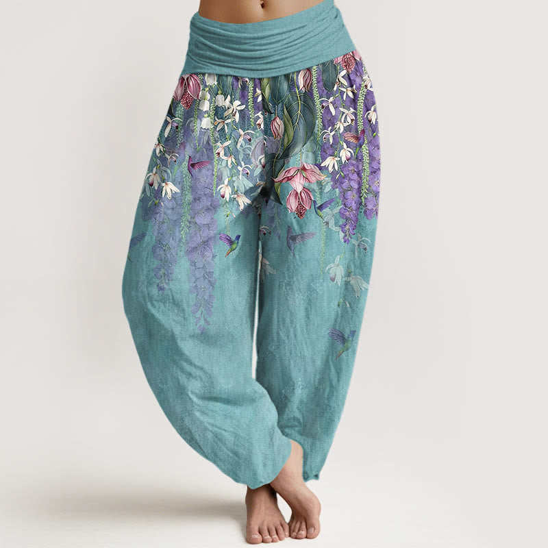 Buddha Stones Pure Cotton Orchid Birds Pattern Women's Elastic Waist Harem Pants - MediumTurquoise - US16，UK/AU20，EU48 (3XL) - image 0