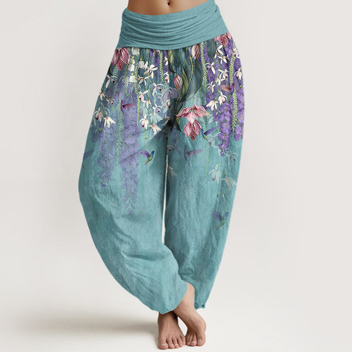 Buddha Stones Pure Cotton Orchid Birds Pattern Women's Elastic Waist Harem Pants - MediumTurquoise - US16，UK/AU20，EU48 (3XL) - image 0